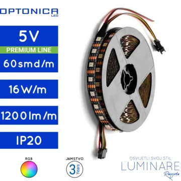 digitalna led traka rgb-5v-16w-60led-ip20-12milimetara-1200lumena-luminare rasvjeta