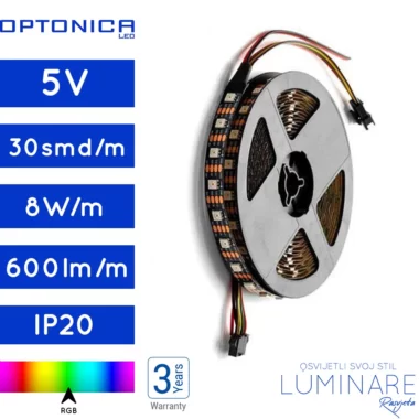 DIGITALNA RGB LED TRAKA 5V 8W 30SMD/m IP20 5m
