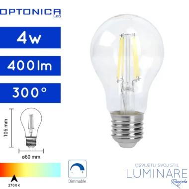 LED DIMABILNA FILAMENT ŽARULJA E27 4W 2700K A60
