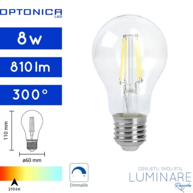 LED DIMABILNA FILAMENT ŽARULJA E27 8W 2700K A60