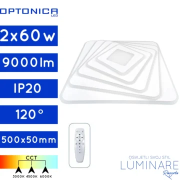 LED PLAFONJERA CCT 2x60W KVADRATNA BIJELA SA DALJINSKIM 500x50mm