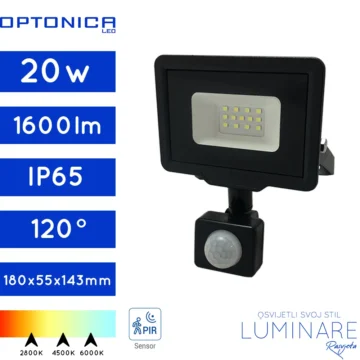 LED REFLEKTOR SA SENZOROM 20W CRNI IP65