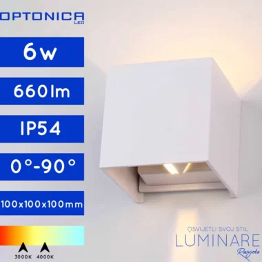 VANJSKA LED ZIDNA SVJETILJKA 6W IP54 PODESIVA KVADRATNA BIJELA