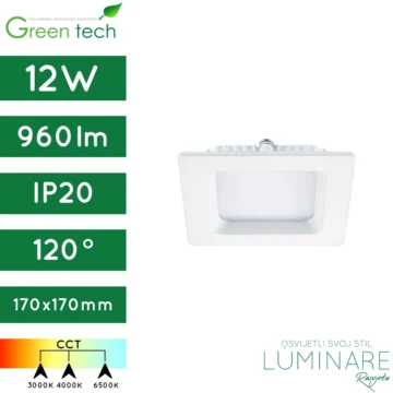 led panel-kvadratni-ugradbeni-12w-bijeli-cct prekidač-ip20-4 godine jamstva-green tech-luminare rasvjeta