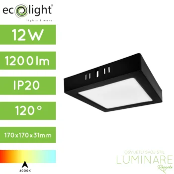 led panel 12w kvadratni nadgradni crni neutralne boje svjetlosti-luminare rasvjeta