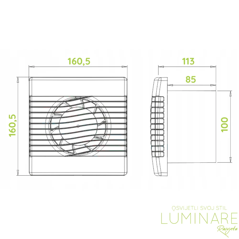 Dimenzije airRoxy pRim kupaonskih ventilatora promjera 100mm