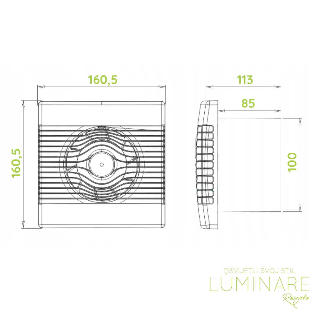 Dimenzije airRoxy pRemium kupaonskih ventilatora promjera 100mm