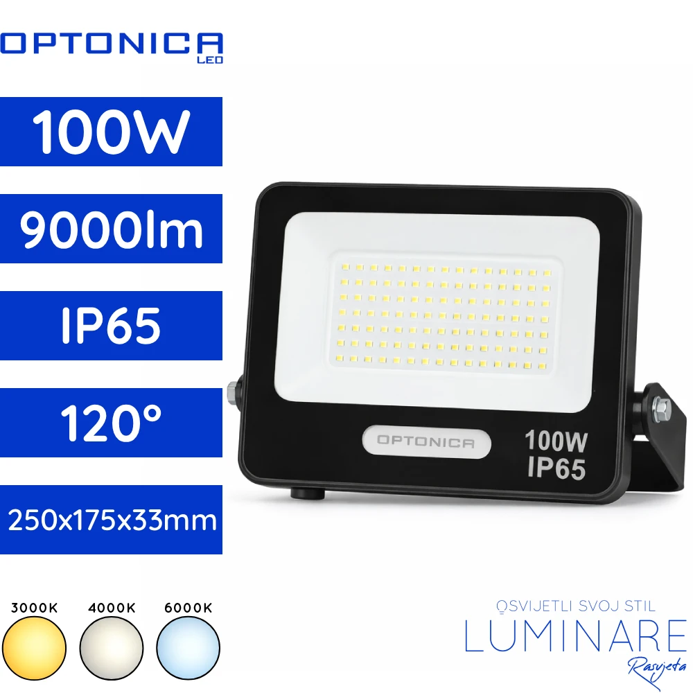 SMD LED reflektor 100W 9000lm 3000K 4000K 6000K crni IP65