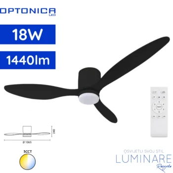 Optonica stropni ventilator sa LED svjetiljkom 18W 3CCT crni model 19114 s daljinskim upravljačem