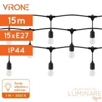Vanjski rasvjetni lanac sa žaruljama LG-3/15M/E27/3, 15m , IP44, crni, 15 žarulja 1W E27, 3000K