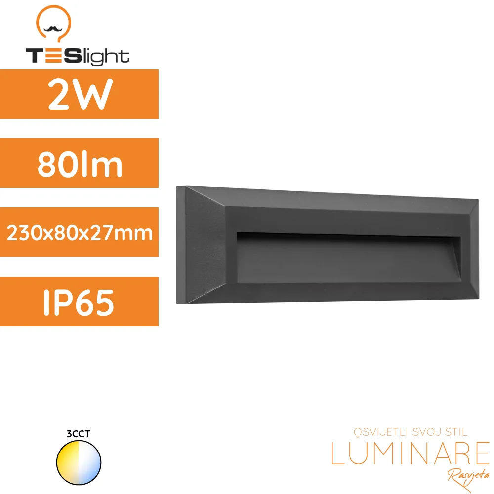Zidna nadgradna svjetiljka TESlight P2302 IP65 230x80x27mm, antracit sivo UV otporno antikorozivno kućište