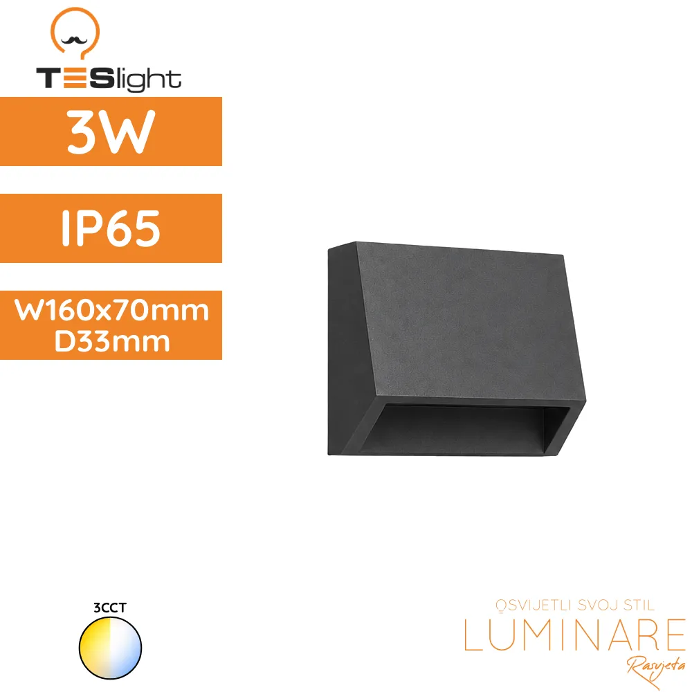 LED zidna nadgradna svjetiljka TESlight P1601 3CCT 3W IP65 160x70x33mm, antracit sivo UV otporno antikorozivno kućište