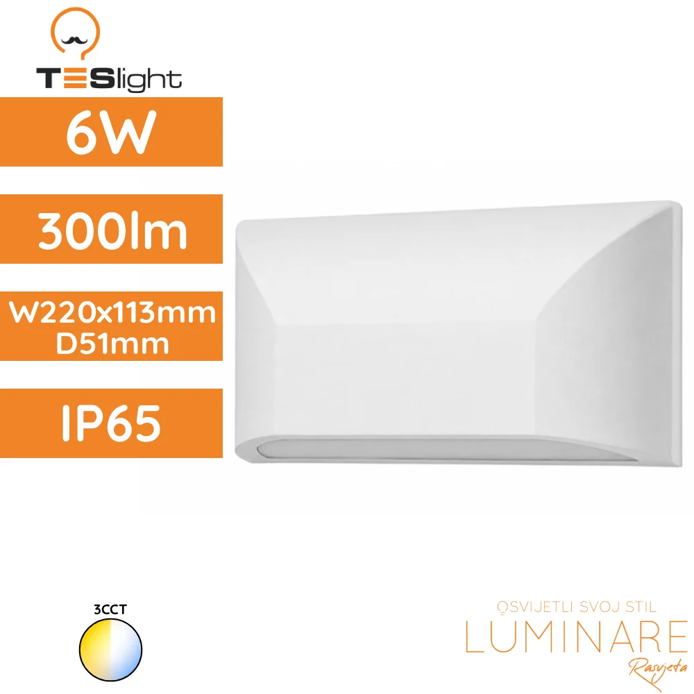 ZIDNA NADGRADNA SVJETILJKA PW2202-A 6W 3CCT IP65 BIJELA