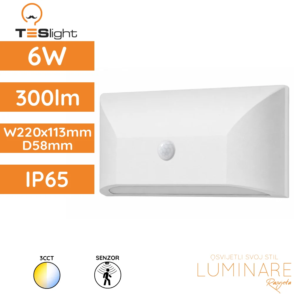 ZIDNA NADGRADNA SVJETILJKA PW2202-SA 6W 3CCT IP65 SENZOR BIJELA