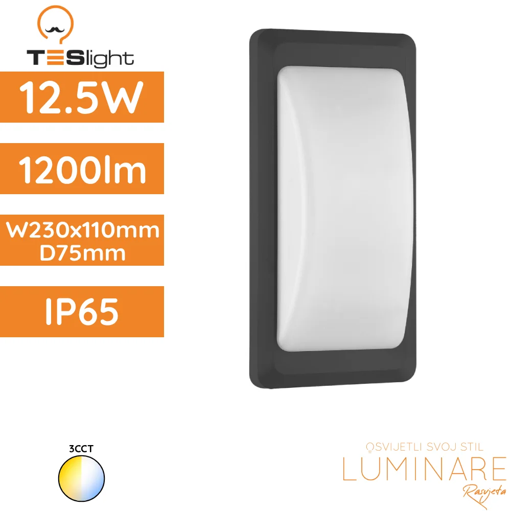 ZIDNA NADGRADNA SVJETILJKA PW2311-1 12.5W 3CCT IP65 ANTRACIT