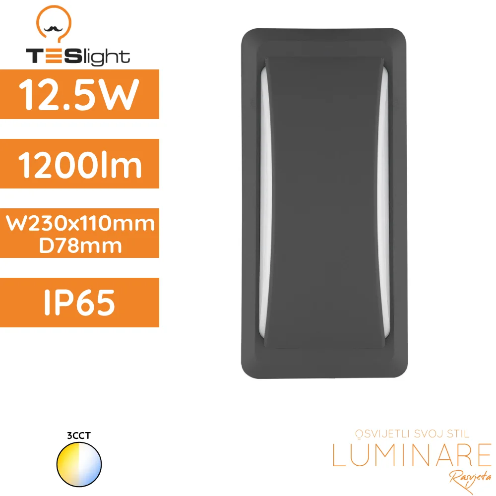 LED zidna nadgradna svjetiljka TESlight PW2311-3 3CCT 12.5W 1300lm IP65 230x110x78 mm, antracit sivo UV otporno antikorozivno kućište
