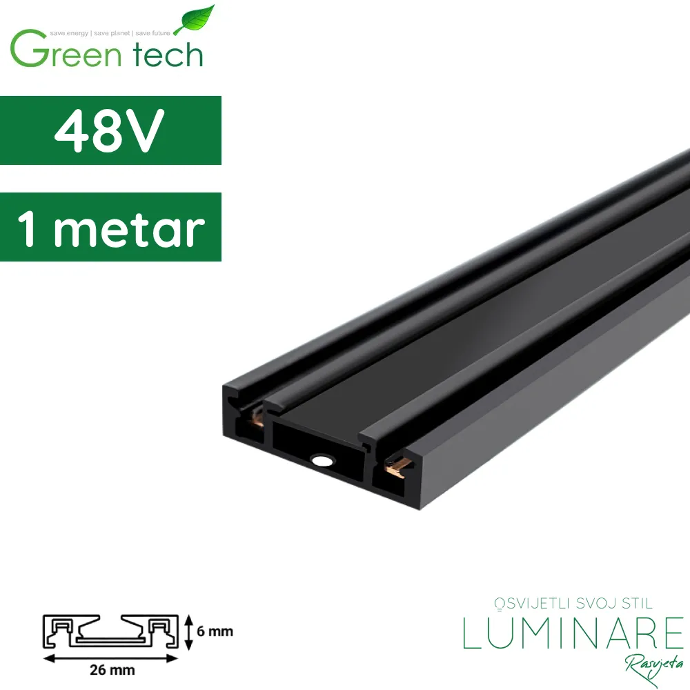 Nadgradna magnetna šina Green Tech ultra slim MYSTYLE-USN-1M 1000 x 26 x 6,3 mm aluminij crna luminare rasvjeta