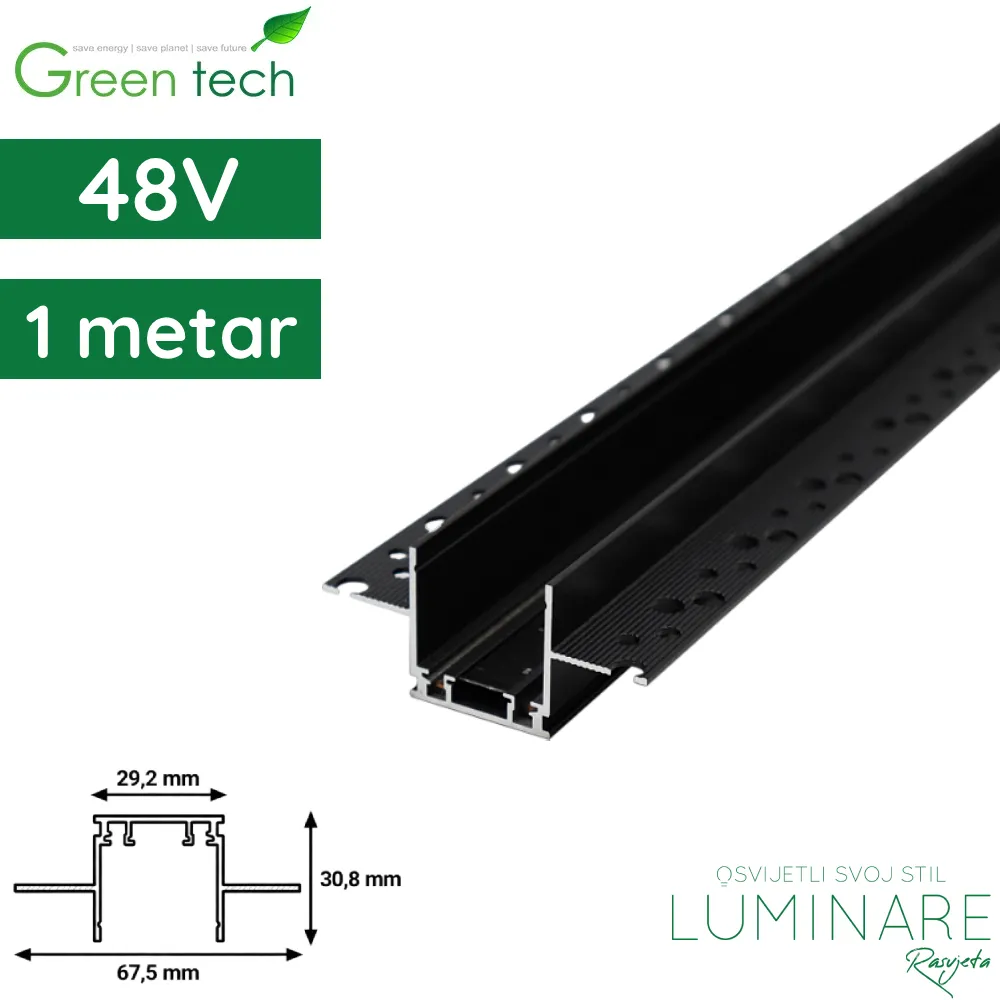 Ugradna magnetna šina Green Tech MYSTYLE-NSU-1M 1000 x 67,5 x 30,8 mm aluminij crna luminare rasvjeta
