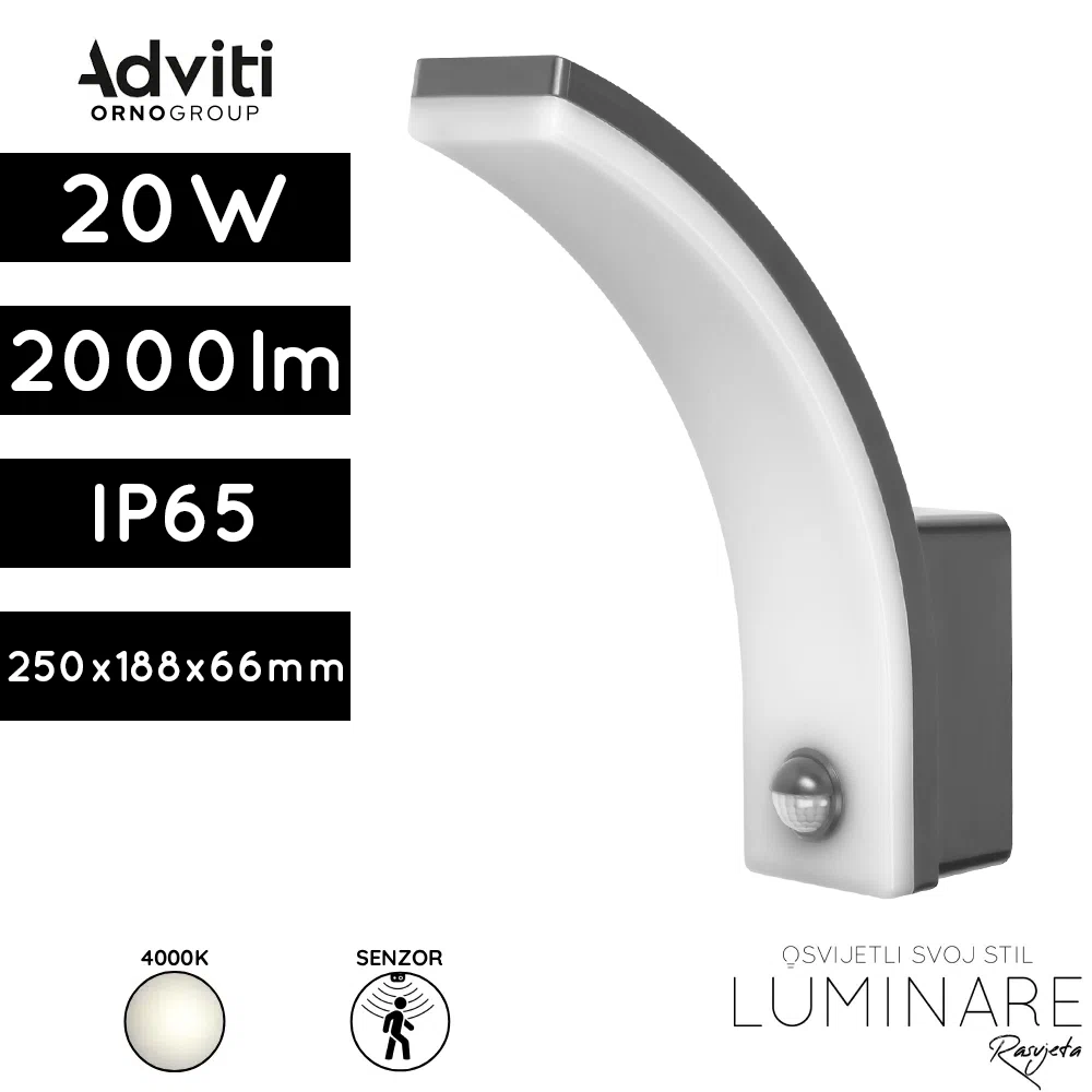 Vanjska LED zidna svjetiljka sa senzorom Adviti AD-OP-6204GLPMR4 20W 2000lm 4000K IP65 siva luminare rasvjeta