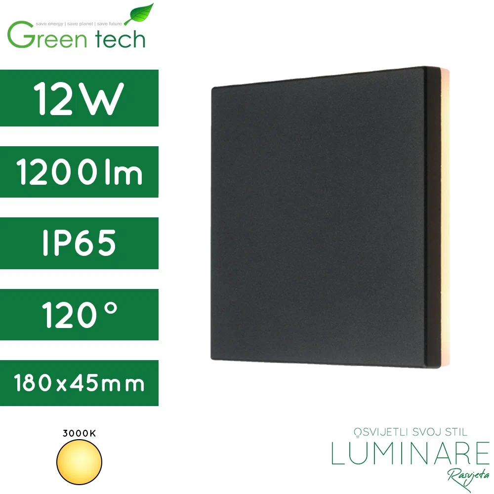 Vanjska zidna LED svjetiljka GreenTech Colorado AB2802 12W 1200lm IP65 crno kučište 180x180x45 mm