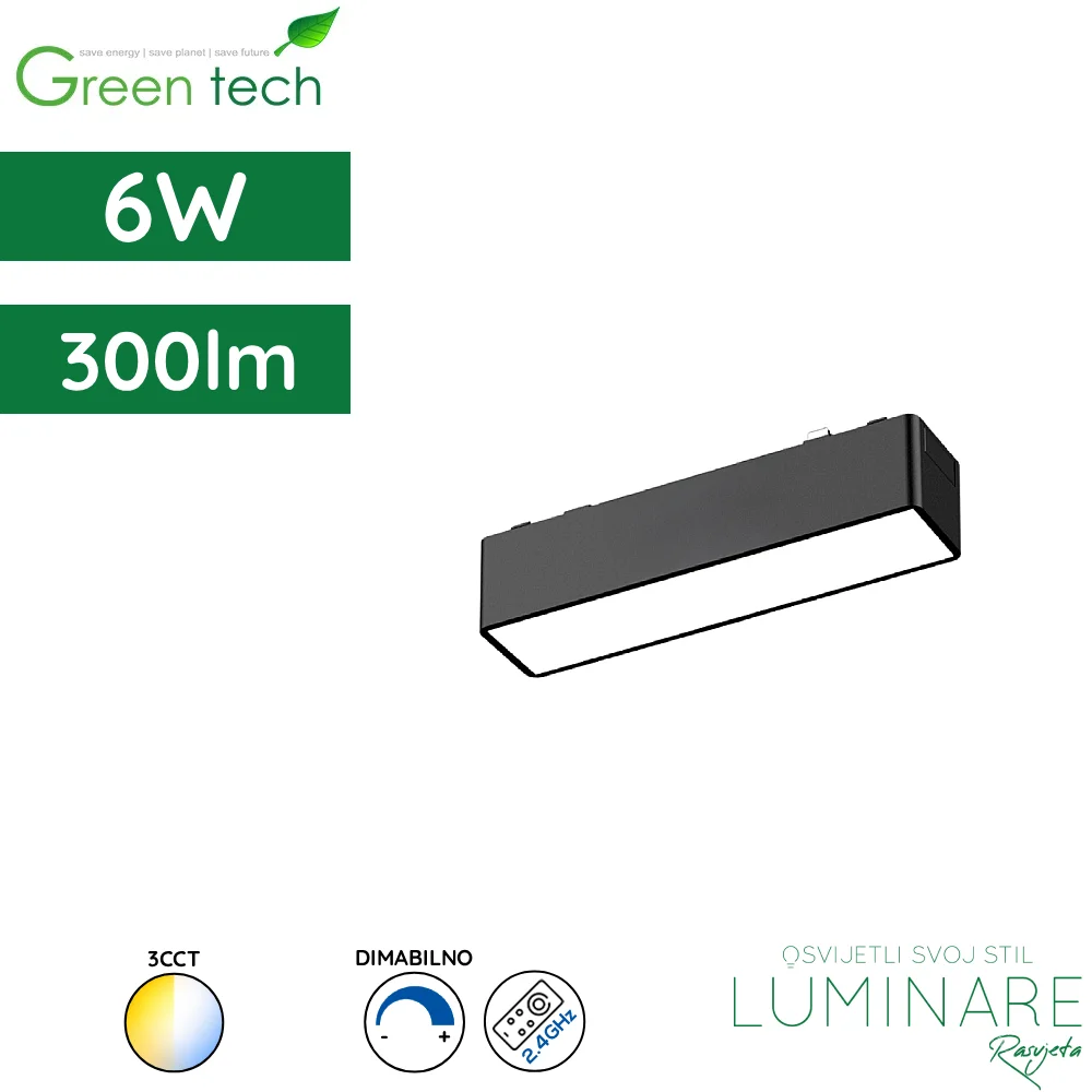 LED linearni reflektor za magnetnu šinu Green Tech MYSTYLE-1 6W 300lm 3CCT dimabilna opalni difuzor Smart APP 122 x 26 x 24 mm crni luminare rasvjeta