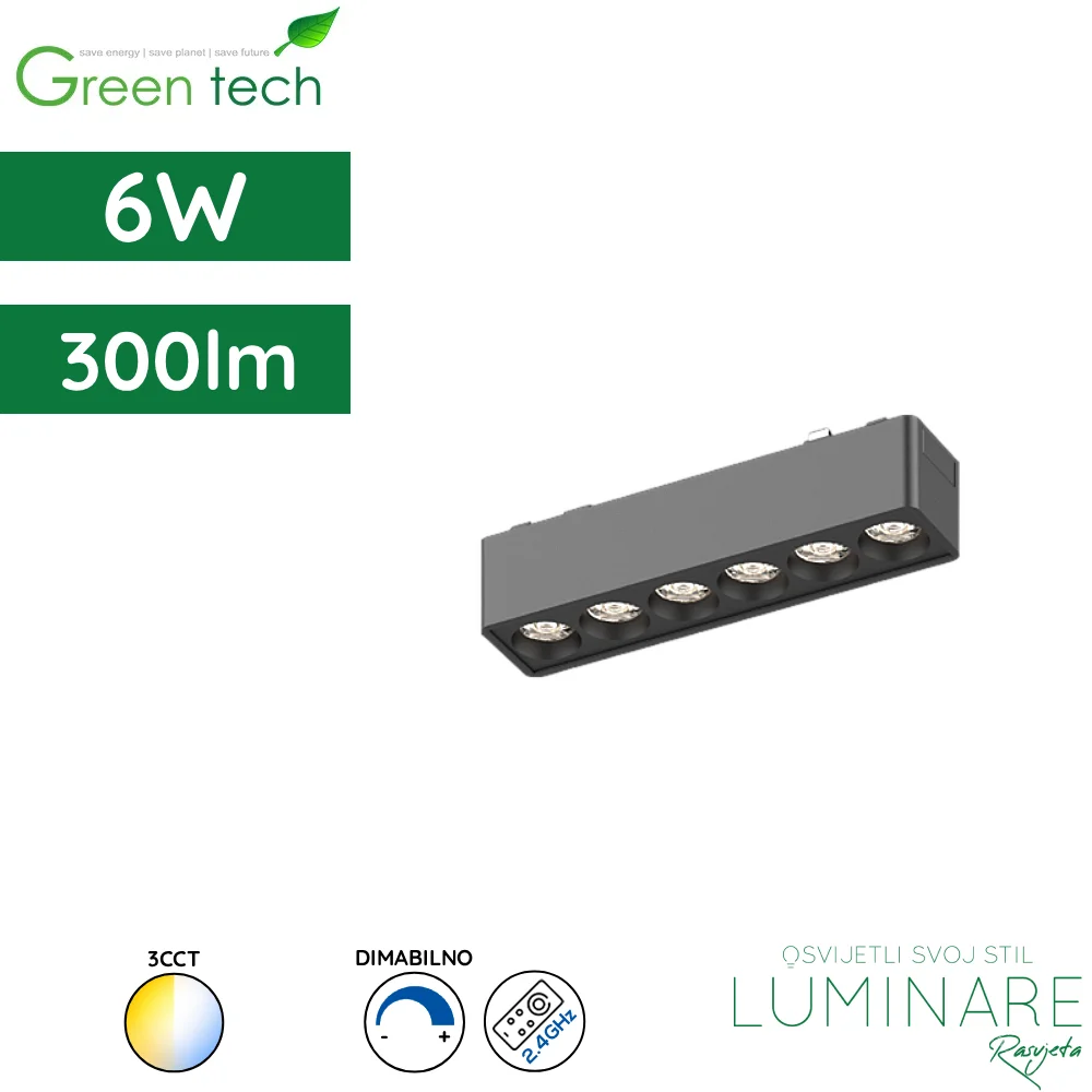 LED linearni reflektor za magnetnu šinu Green Tech MYSTYLE-2 6W 300lm 3CCT dimabilna Smart APP 122 x 26 x 24 mm crni luminare rasvjeta