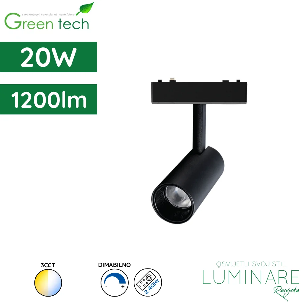 LED reflektor za magnetnu šinu Green Tech MYSTYLE-7 20W 1200lm 3CCT dimabilna Smart APP Ø 58 x 130 mm crni luminare rasvjeta