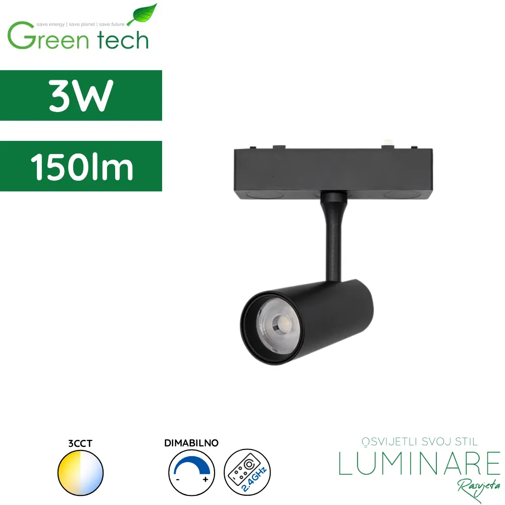 LED reflektor za magnetnu šinu Green Tech MYSTYLE-7 3W 150lm 3CCT dimabilna Smart APP Ø 35 x 80 mm crni luminare rasvjeta