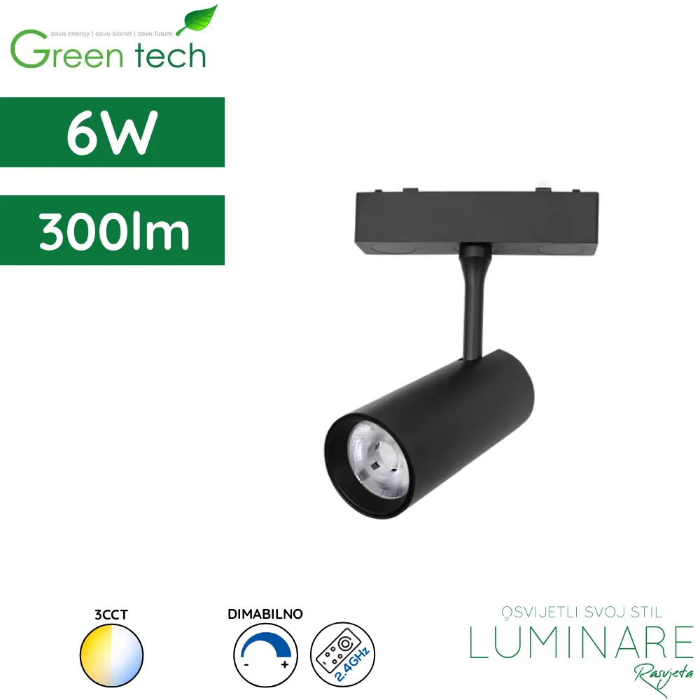 LED reflektor za magnetnu šinu Green Tech MYSTYLE-7 6W 300lm 3CCT dimabilna Smart APP Ø 42 x 100 mm crni luminare rasvjeta
