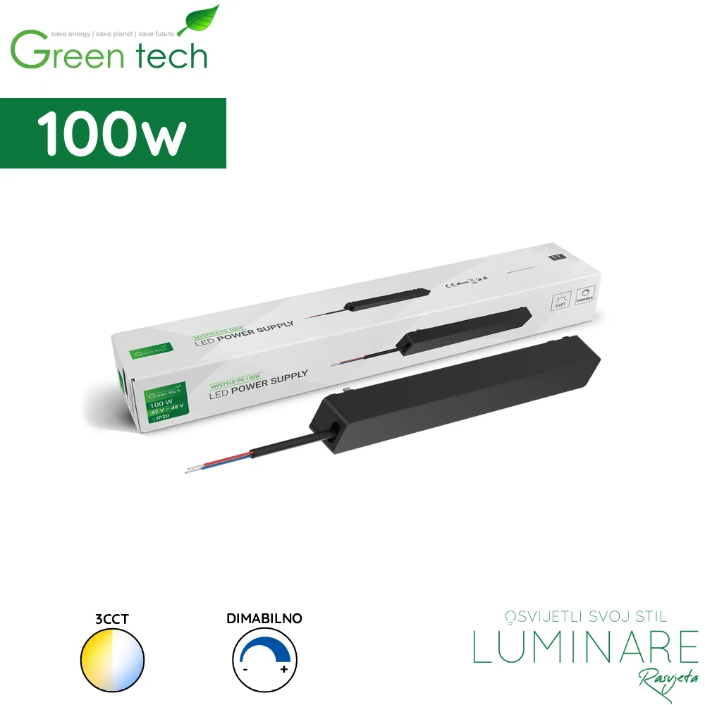 Napajanje za magnetnu šinu Green Tech MYSTYLE-PS-100W 48V 3CCT Smart Lamp app 300 x 26 x 24 mm crno luminare rasvjeta