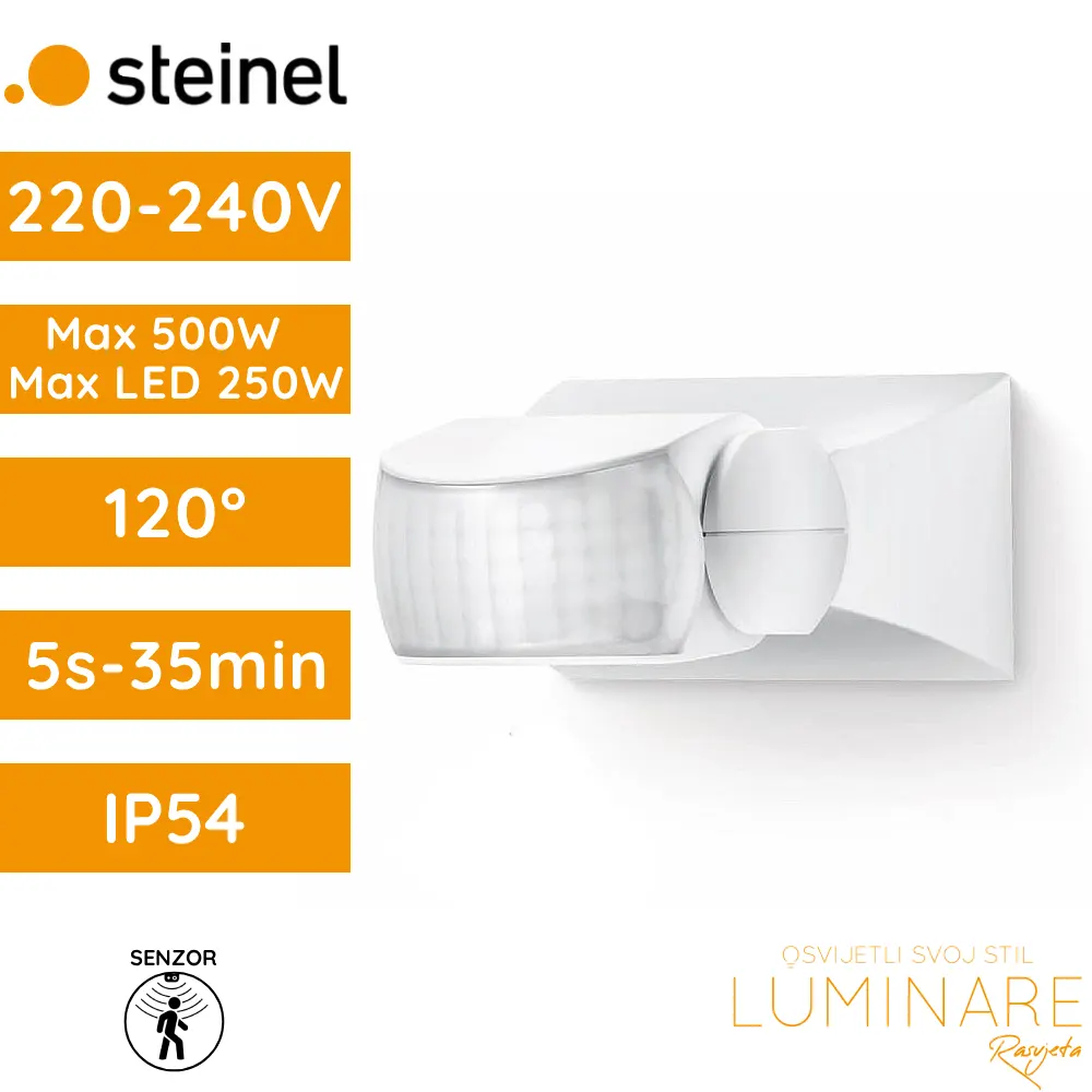 senzor pokreta STEINEL IS 1 WH zidni stropni 120° IP54 max 500W 230-240V bijeli luminare rasvjeta